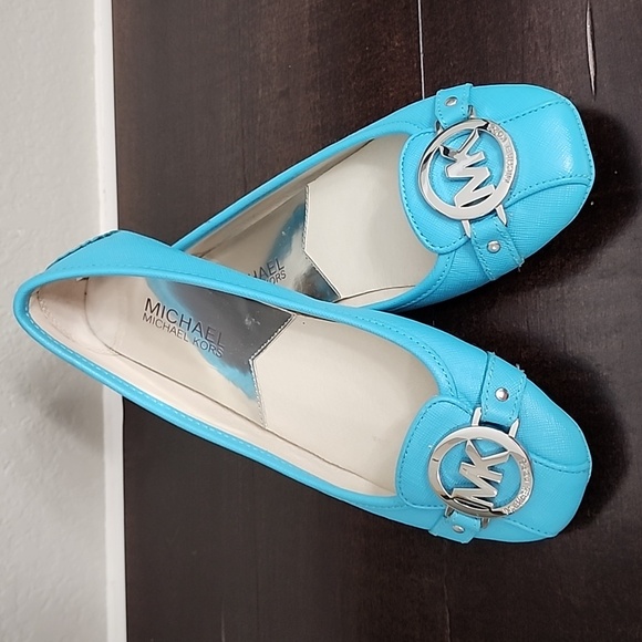 Michael Kors Fulton Moc Flats Blue Leather Driving Loafers Gold MK Logo Size 6M - Picture 6 of 16